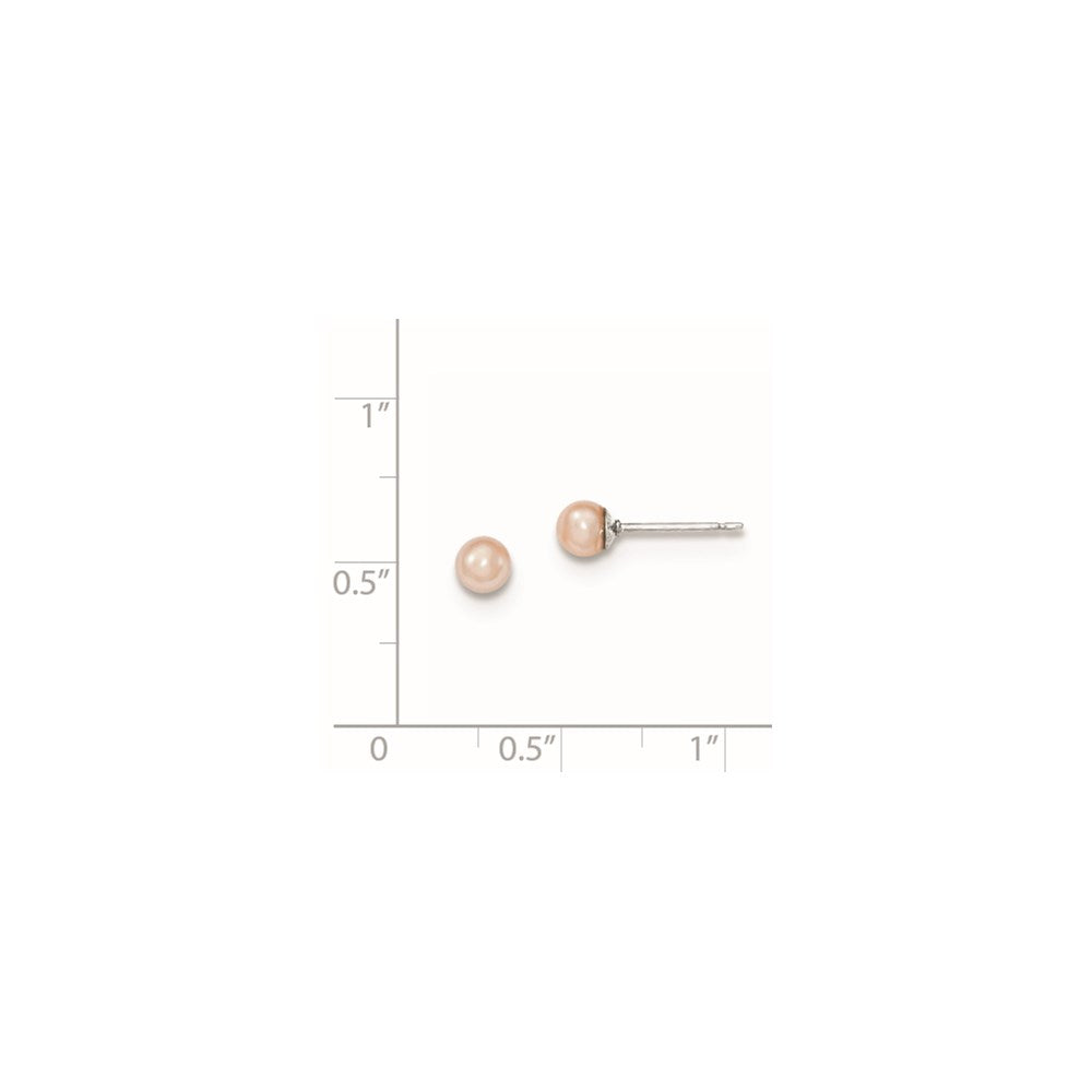 Sterling Silver Rhodium Plated 4-5mm Pink Round Freshwater Cultured Pearl Post Stud Earrings