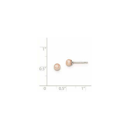 Sterling Silver Rhodium Plated 4-5mm Pink Round Freshwater Cultured Pearl Post Stud Earrings