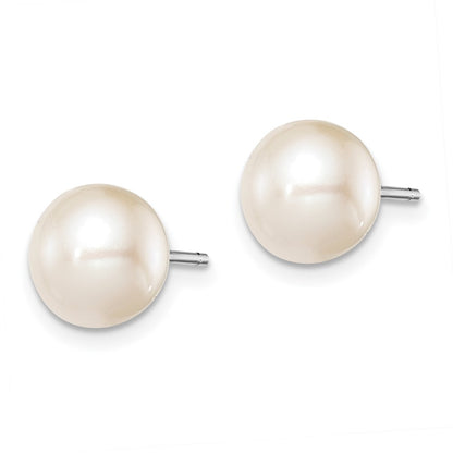 Sterling Silver Rhodium Plated 8-9mm White Round Freshwater Cultured Pearl Post Stud Earrings