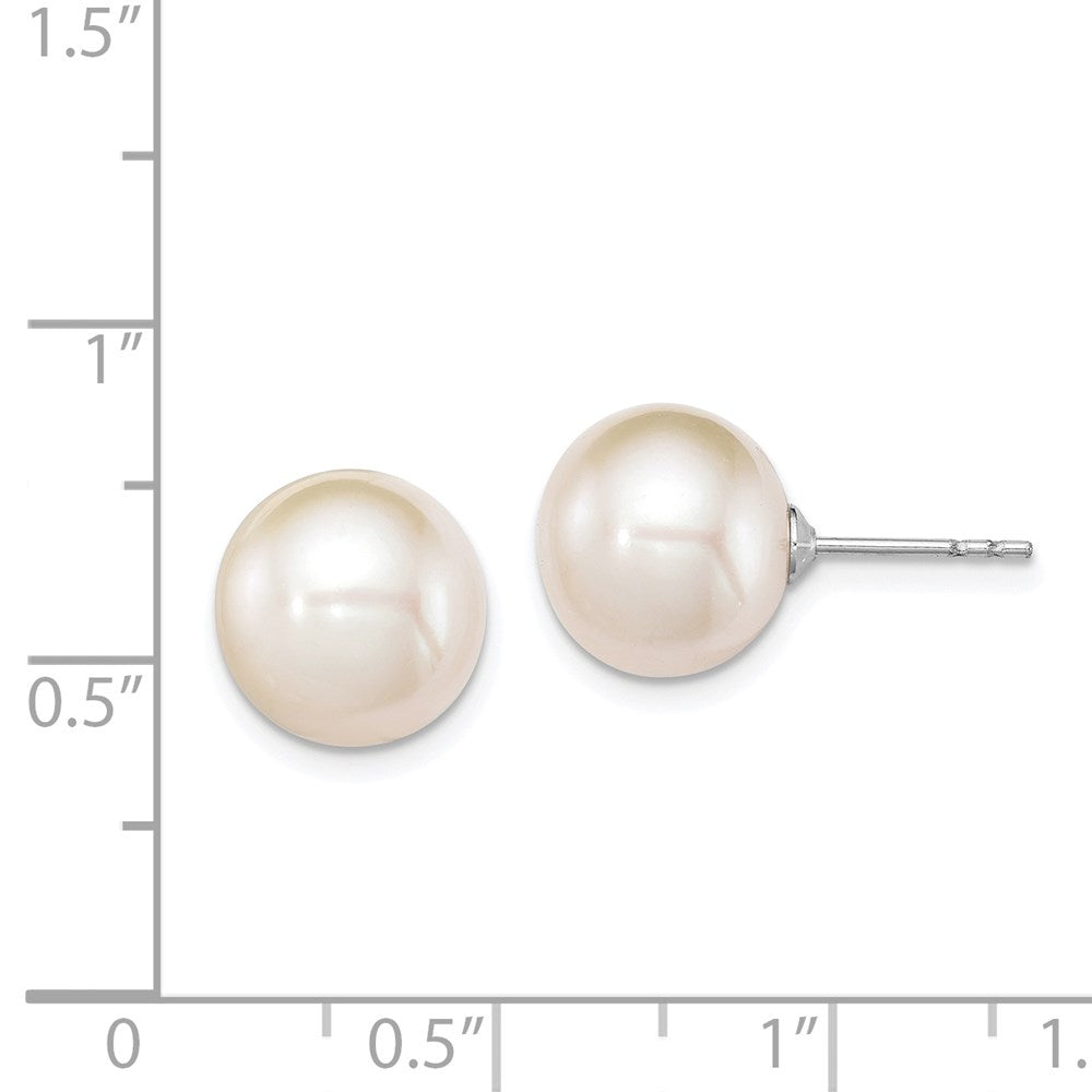 Sterling Silver Rhodium Plated 10-11mm White Round Freshwater Cultured Pearl Post Stud Earrings