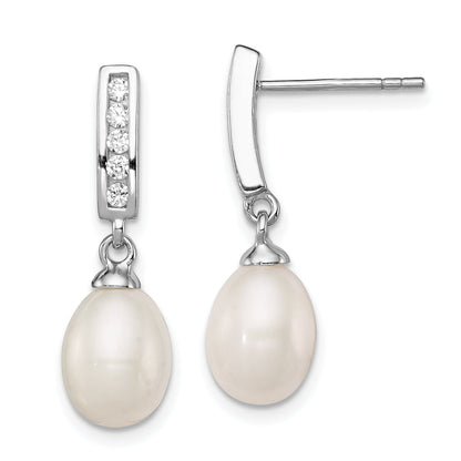 Sterling Silver Rhodium Plated Clear Cz And 8-9mm White Freshwater Cultured Pearl Dangle Post Earrings