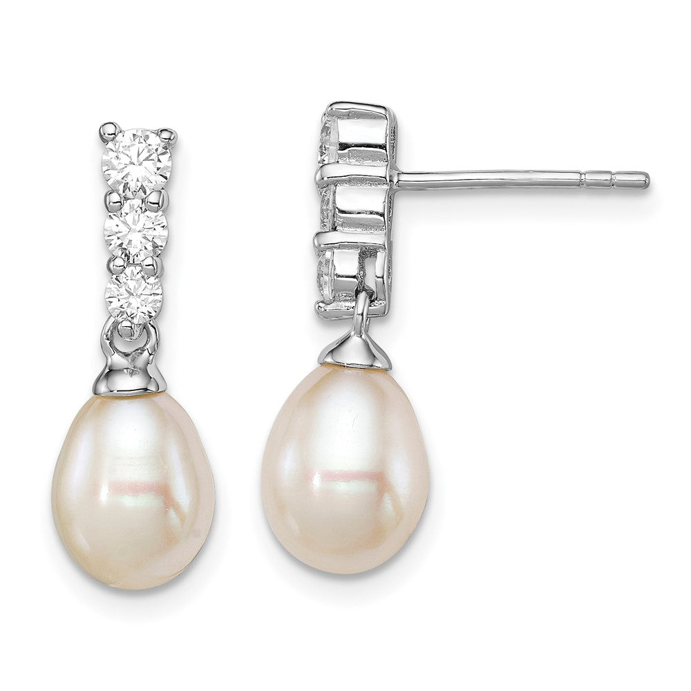 Sterling Silver Rhodium Plated Clear Cz And 7-8mm White Freashwater Cultured Pearl Dangle Post Earrings