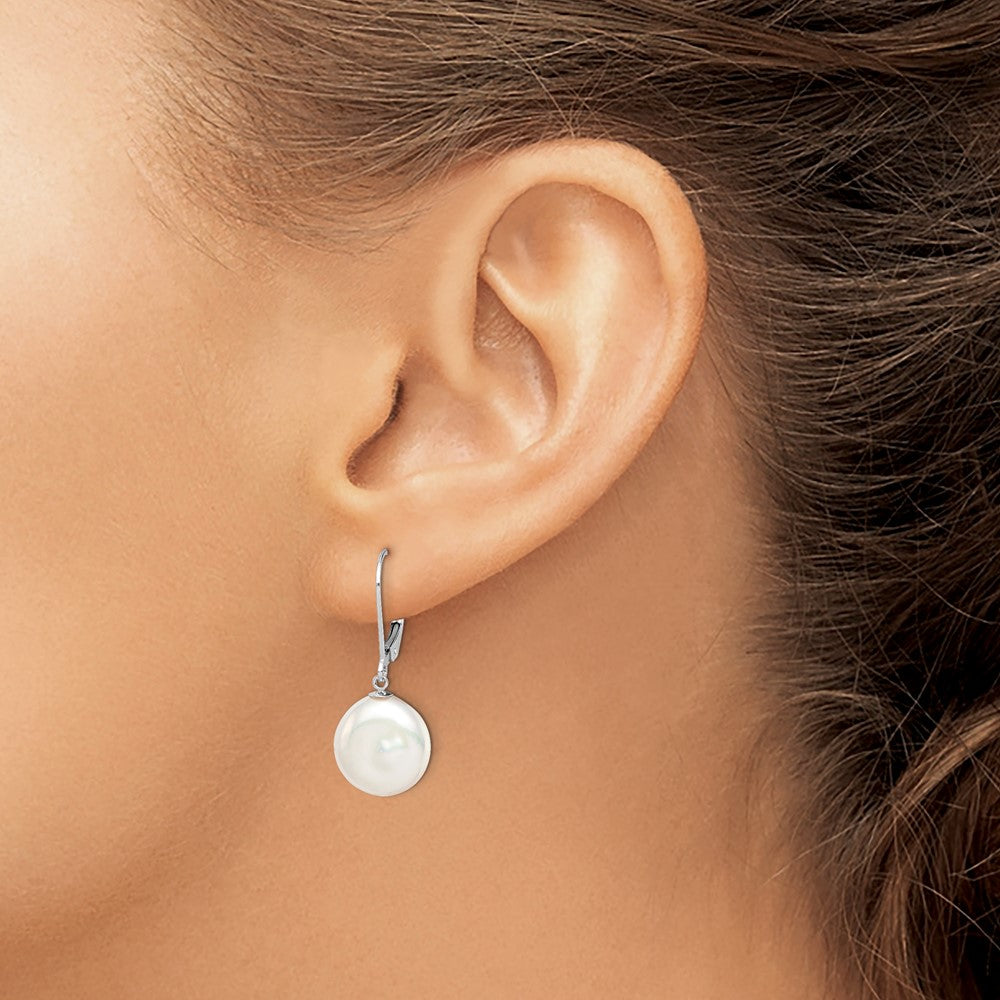 Sterling Silver Rhodium-Plated Polished White 12-13mm Coin Freshwater Cultured Pearl Leverback Dangle Earrings