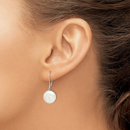 Sterling Silver Rhodium-Plated Polished White 12-13mm Coin Freshwater Cultured Pearl Leverback Dangle Earrings
