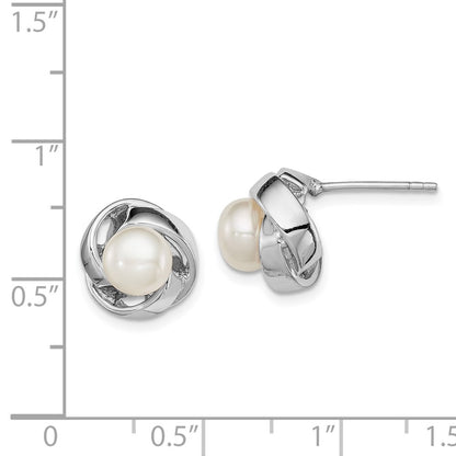 Sterling Silver Rhodium Plated 6 7mm White Button Freshwater Cultured Pearl Knot Post Earrings