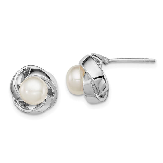 Sterling Silver Rhodium Plated 6 7mm White Button Freshwater Cultured Pearl Knot Post Earrings