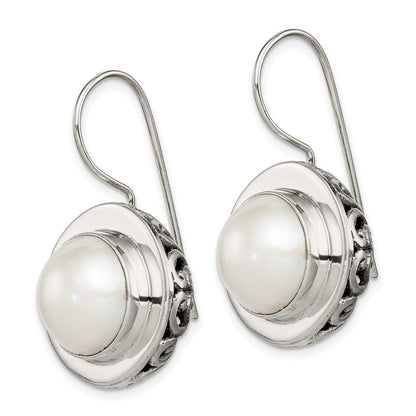Sterling Silver Polished & Antiqued Fancy Filigree White 12-13mm Freshwater Cultured Mabe Pearl Dangle Earrings