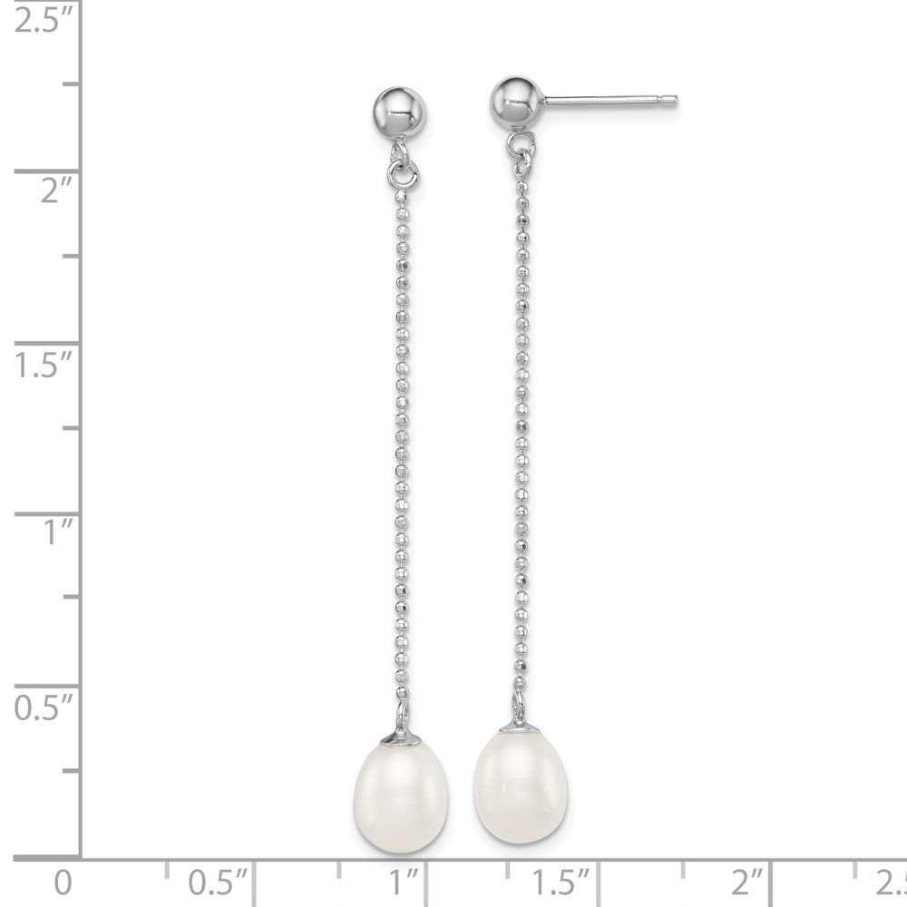 Sterling Silver Rhodium Plated 7-8mm White Freshwater Cultured Pearl Long Dangle Post Earrings