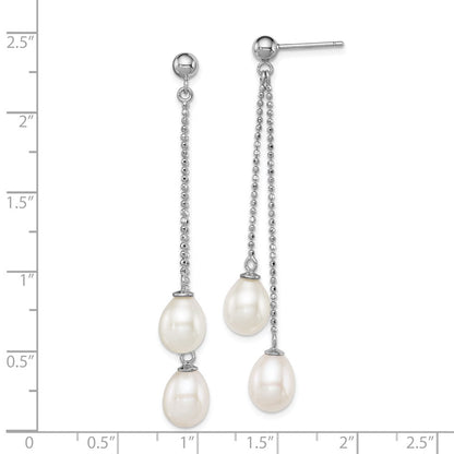 Sterling Silver Rhodium Plated 7-8mm White Freshwater Cultured Pearl Long Dangle Post Earrings