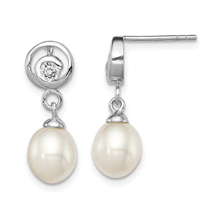 Sterling Silver Rhodium Plated Clear Cz And 7-8mm White Freshwater Cultured Pearl Dangle Post Earrings