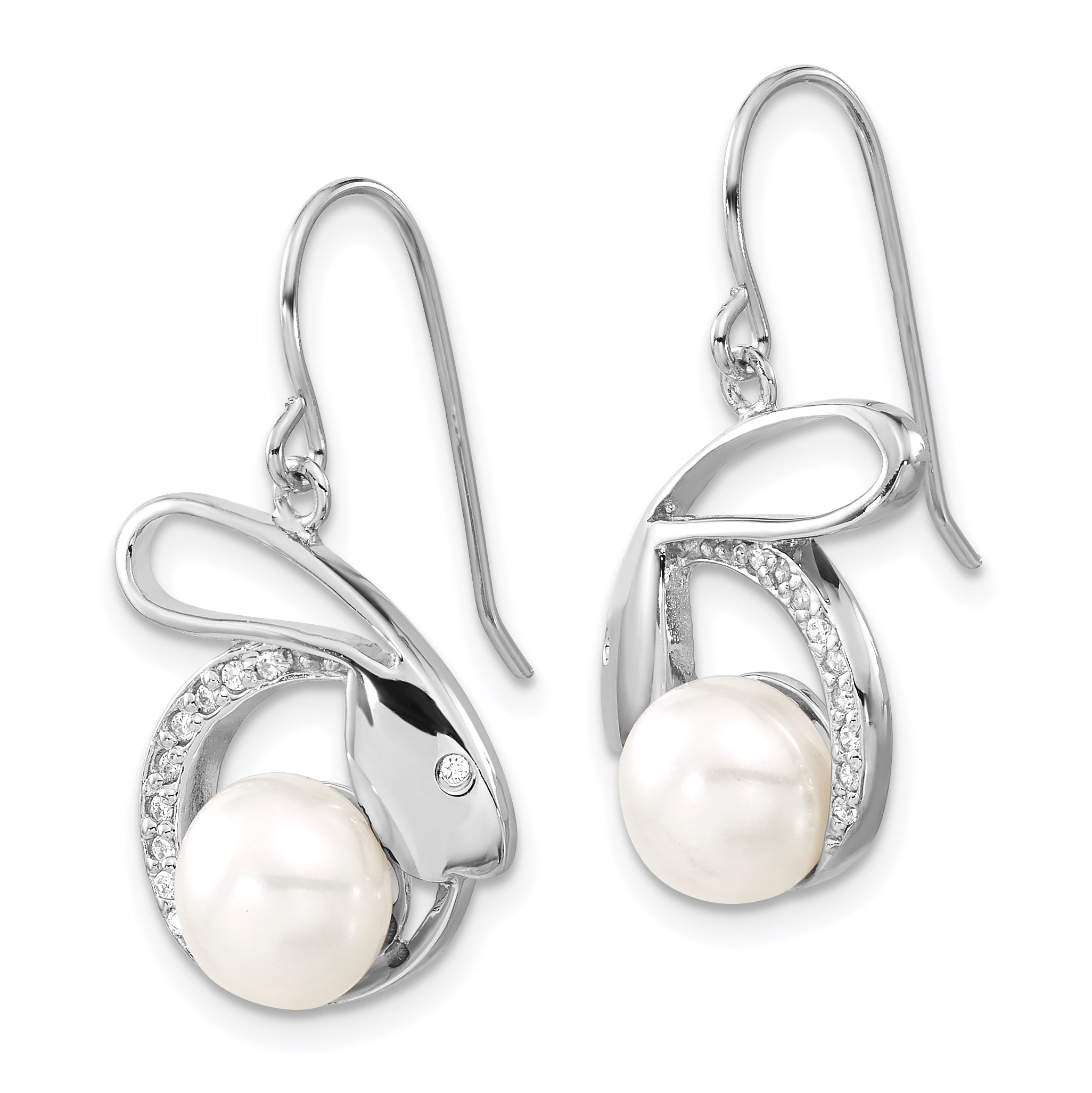 Sterling Silver Polished Freshwater Cultured Pearl & Cz Rabbit Dangle Earrings