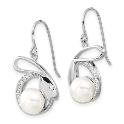 Sterling Silver Polished Freshwater Cultured Pearl & Cz Rabbit Dangle Earrings