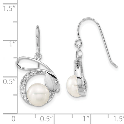 Sterling Silver Polished Freshwater Cultured Pearl & Cz Rabbit Dangle Earrings