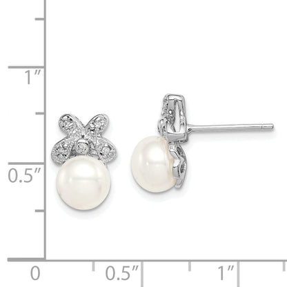 Sterling Silver Rhodium-Plated 7-8mm White Fwc Pearl Cz Post Earrings