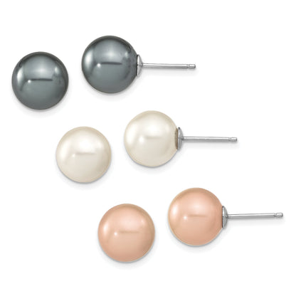Sterling Silver Rh 10-11mm Wht/Pink/Blk Imit. Shell Pearl Earring Set