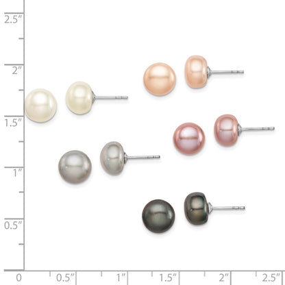 Sterling Silver Rhodium 8-9mm Fwc Pearl Button Stud Earring Set