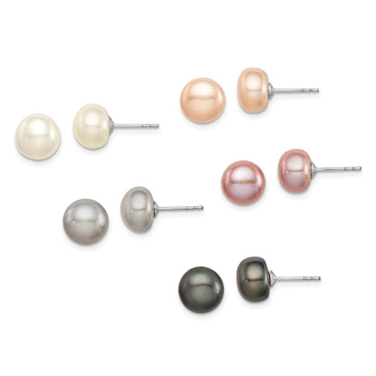Sterling Silver Rhodium 8-9mm Fwc Pearl Button Stud Earring Set