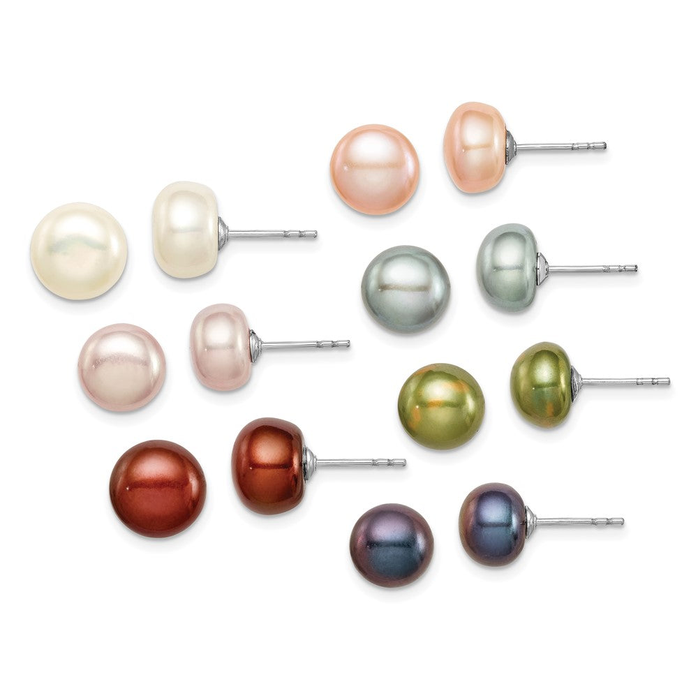 Sterling Silver Rhodium-Plated 7 Pairs 8-9mm Fwc Pearl Stud Ear Set
