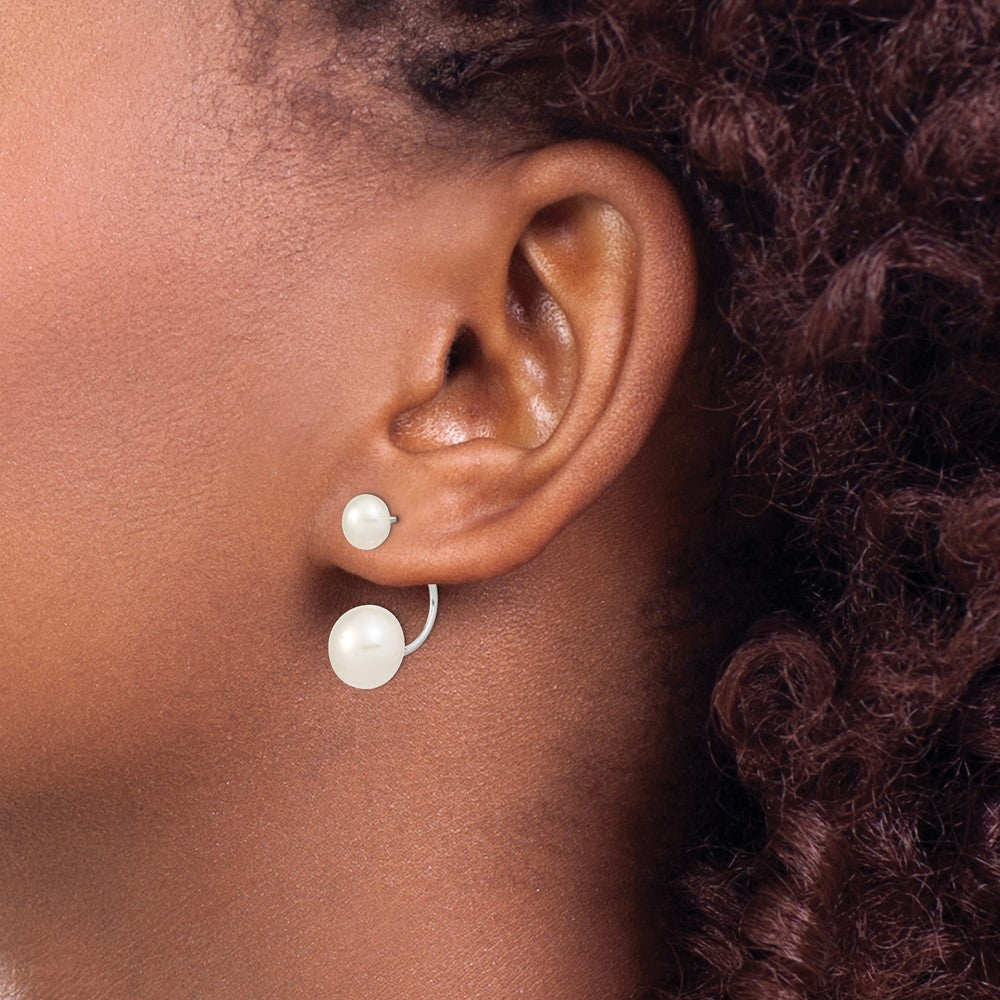 Sterling Silver Rhodium-Plated Polished 5-6mm & 8-9mm White Freshwater Cultured Pearl Front Back Post Dangle Earrings