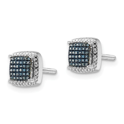 Sterling Silver White Night Rhodium-Plated Blue Diamond Square Screwback Post Earrings