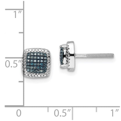 Sterling Silver White Night Rhodium-Plated Blue Diamond Square Screwback Post Earrings