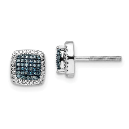 Sterling Silver White Night Rhodium-Plated Blue Diamond Square Screwback Post Earrings