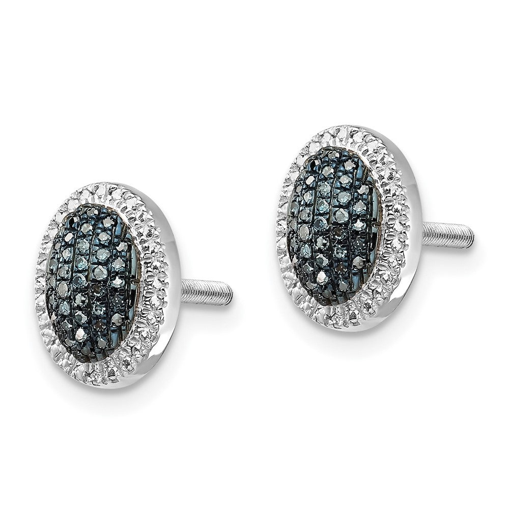 Sterling Silver White Night Rhodium-Plated Blue Diamond Oval Screwback Post Earrings
