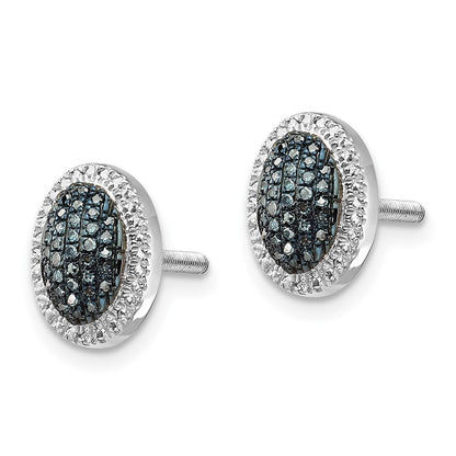 Sterling Silver White Night Rhodium-Plated Blue Diamond Oval Screwback Post Earrings