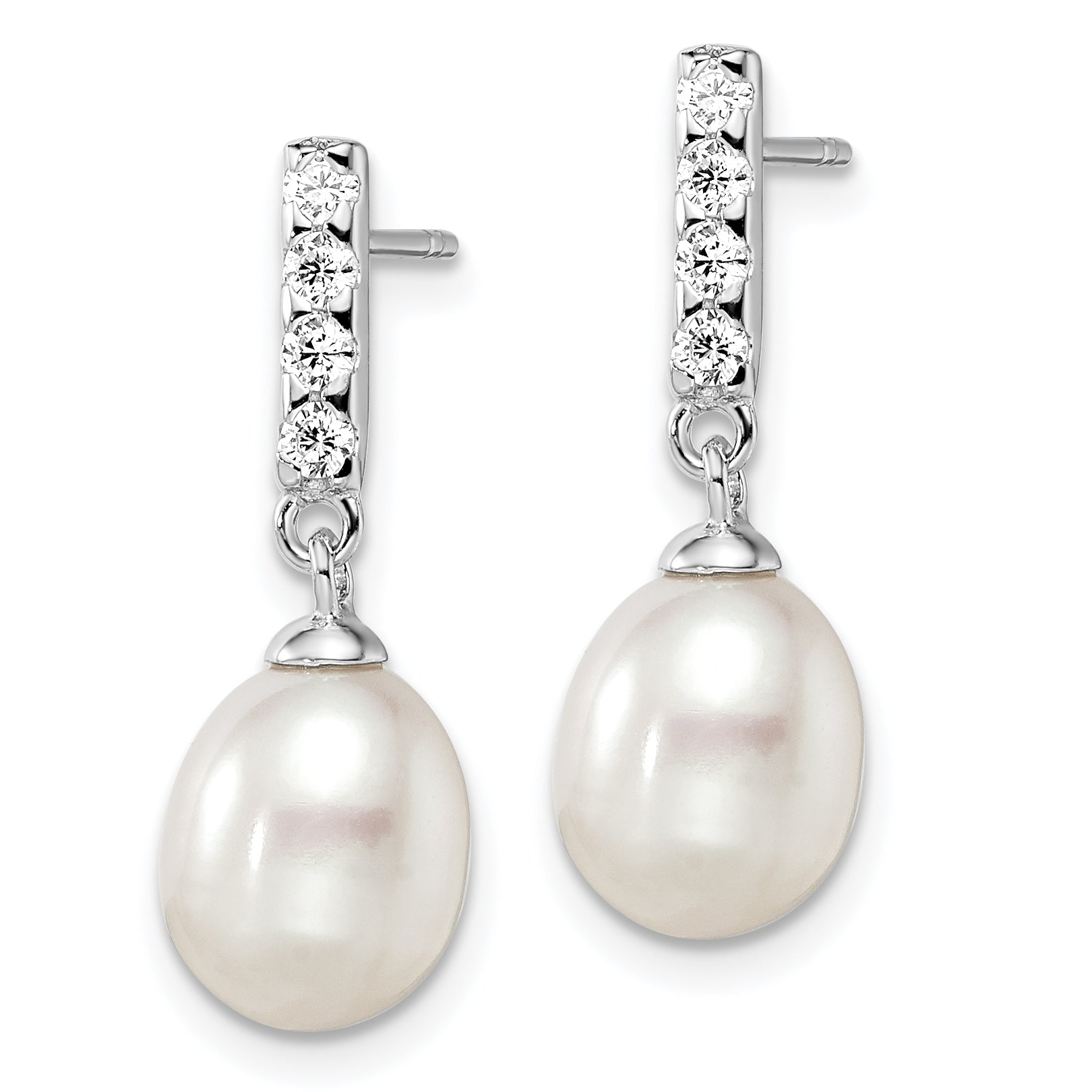 Sterling Silver Rhodium-Plated 8-9mm White Fwc Pearl Cz Post Earrings
