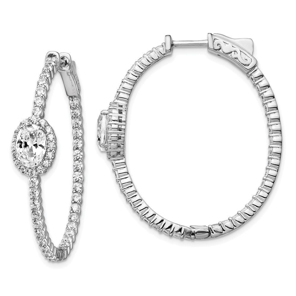 Sterling Silver Shimmer Rhodium-Plated 104 Stone Cz Fancy In And Out Oval Hinged Hoop Earrings