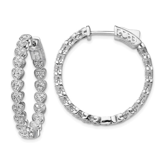 Sterling Silver Shimmer Rhodium-Plated 120 Stone Heart Shaped 1.2mm Cz In And Out Round Hinged Hoop Earrings