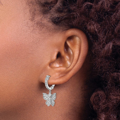 Sterling Silver Shimmer Rhodium-Plated 58 Stone Cz Butterfly Dangle Hinged Hoop Earrings