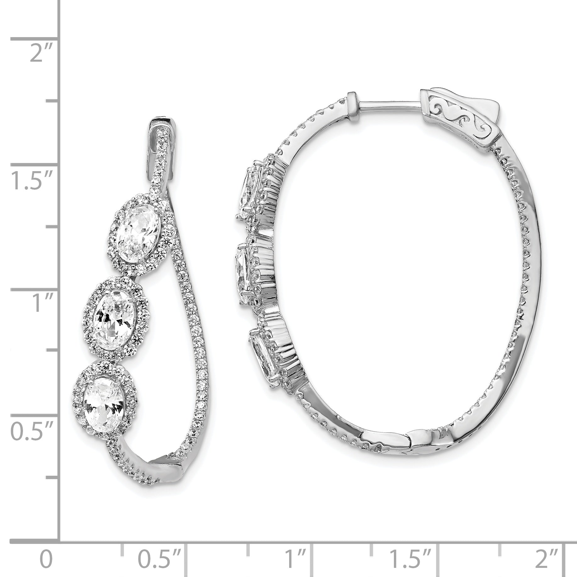 Sterling Silver Shimmer Rhodium-Plated 194 Stone Cz Oval Halo Twisted In And Out Hinged Hoop Earrings