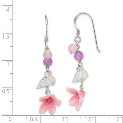 Sterling Silver Polished Amethyst, Agate, Blue Topaz, Pink Cz & Resin Flower Dangle Earrings