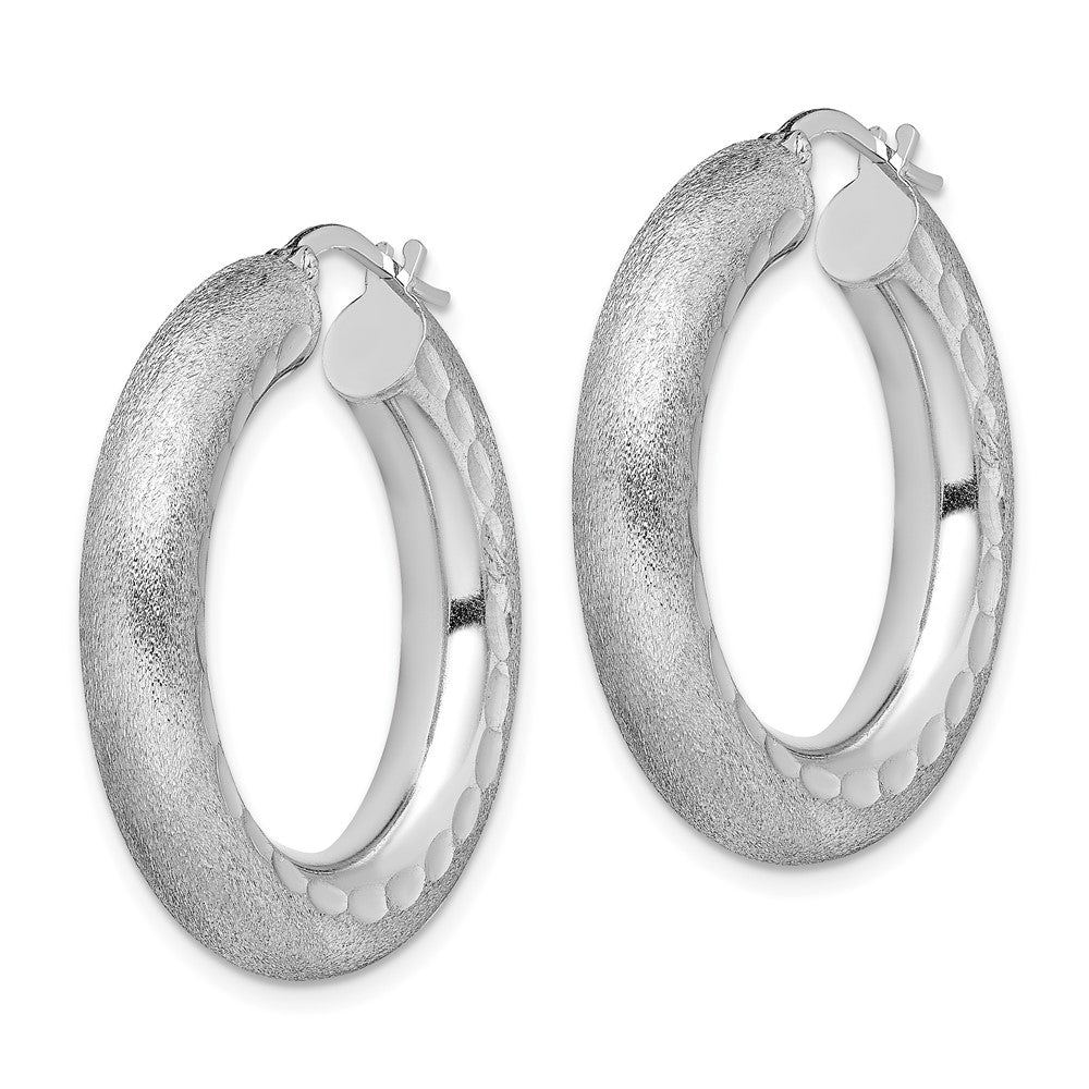 Sterling Silver Rhodium-Plated Diamond-Cut Polished/Satin 5mm Hoop Earrings