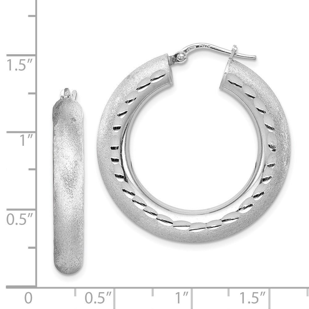 Sterling Silver Rhodium-Plated Diamond-Cut Polished/Satin 5mm Hoop Earrings