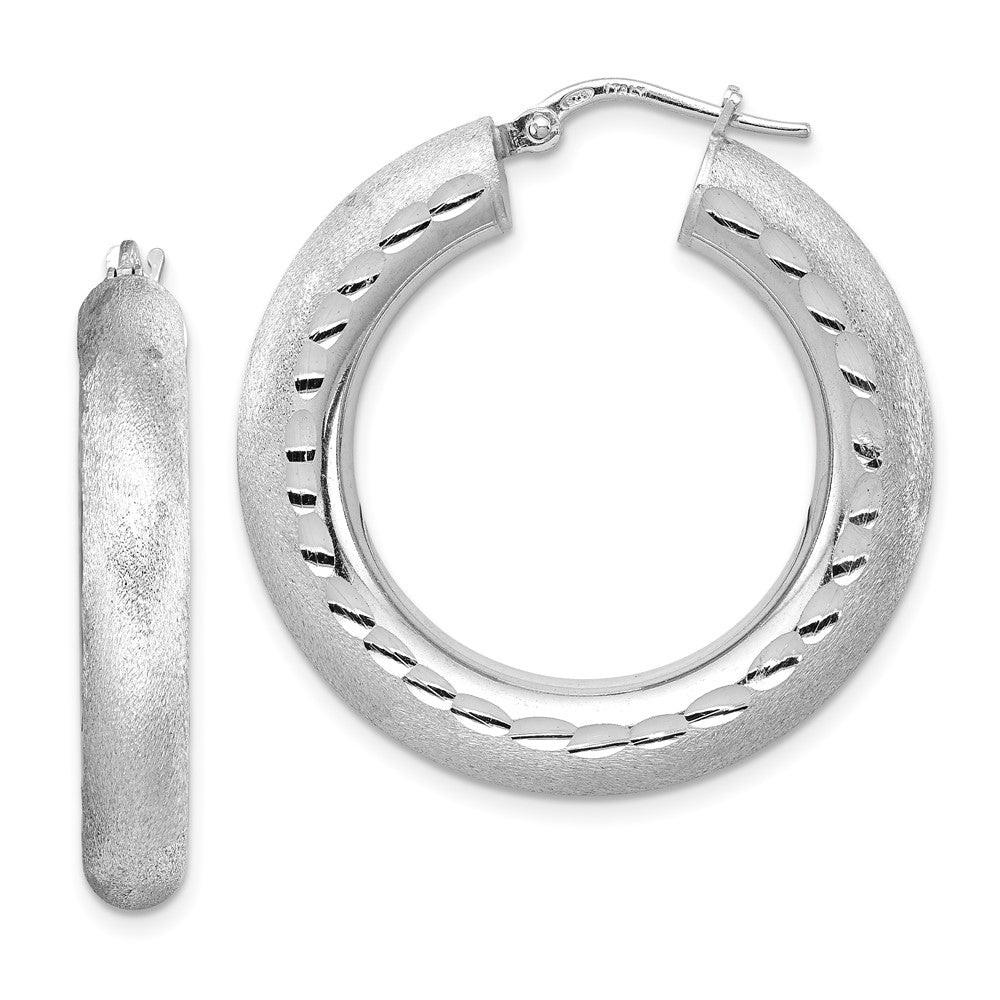 Sterling Silver Rhodium-Plated Diamond-Cut Polished/Satin 5mm Hoop Earrings