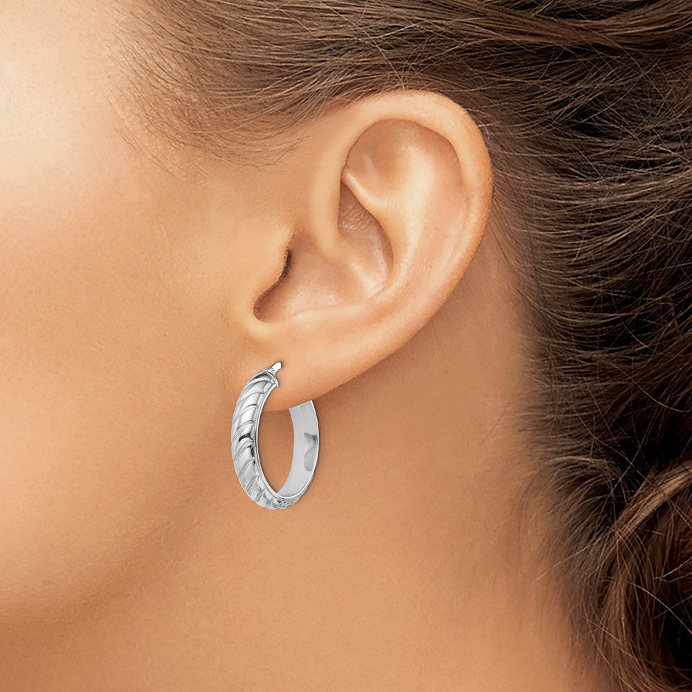 Sterling Silver Rhodium-Plated 5X20mm Polished Textured Hoops
