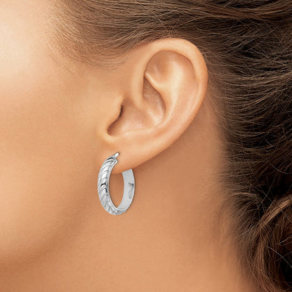 Sterling Silver Rhodium-Plated 5X20mm Polished Textured Hoops