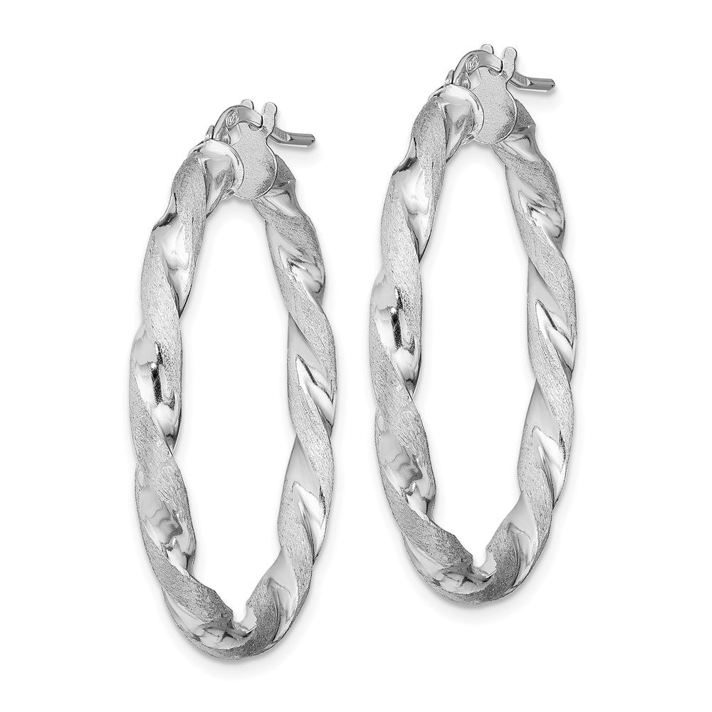 Sterling Silver Rh-Plated Satin Polished Twisted 3X35mm Hoop Earrings