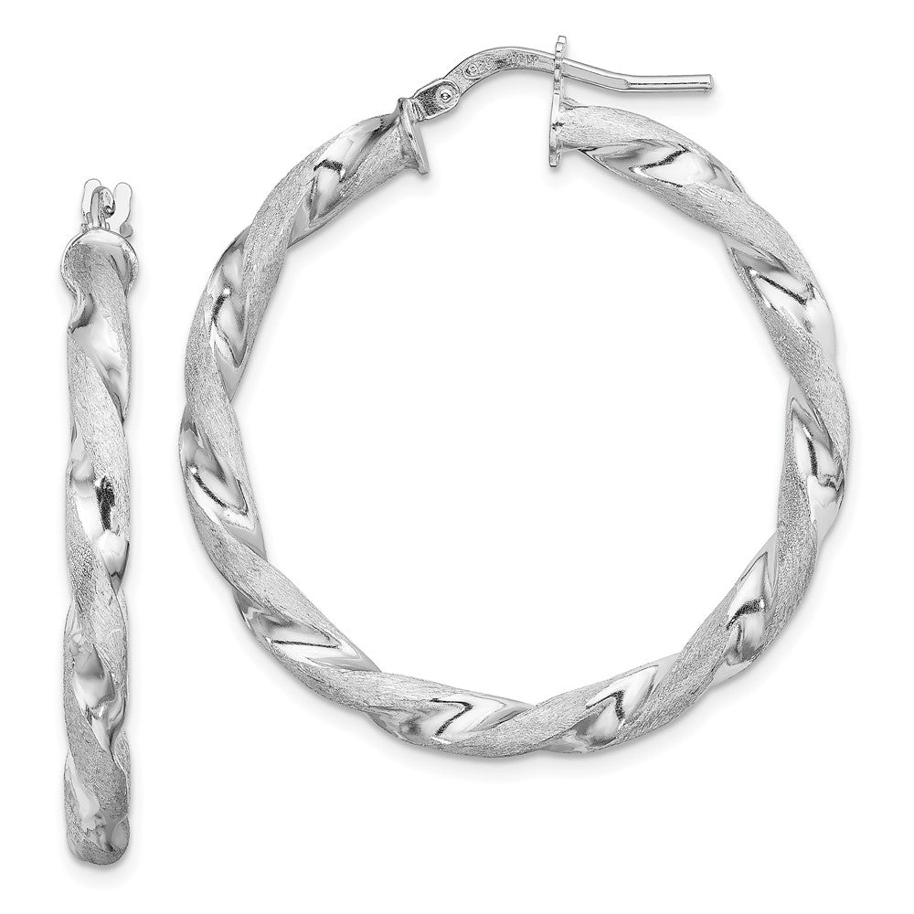 Sterling Silver Rh-Plated Satin Polished Twisted 3X35mm Hoop Earrings