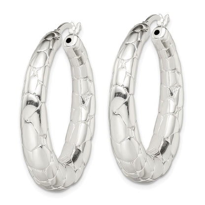 Sterling Silver Polished & Pebbled Round Hoop Earrings