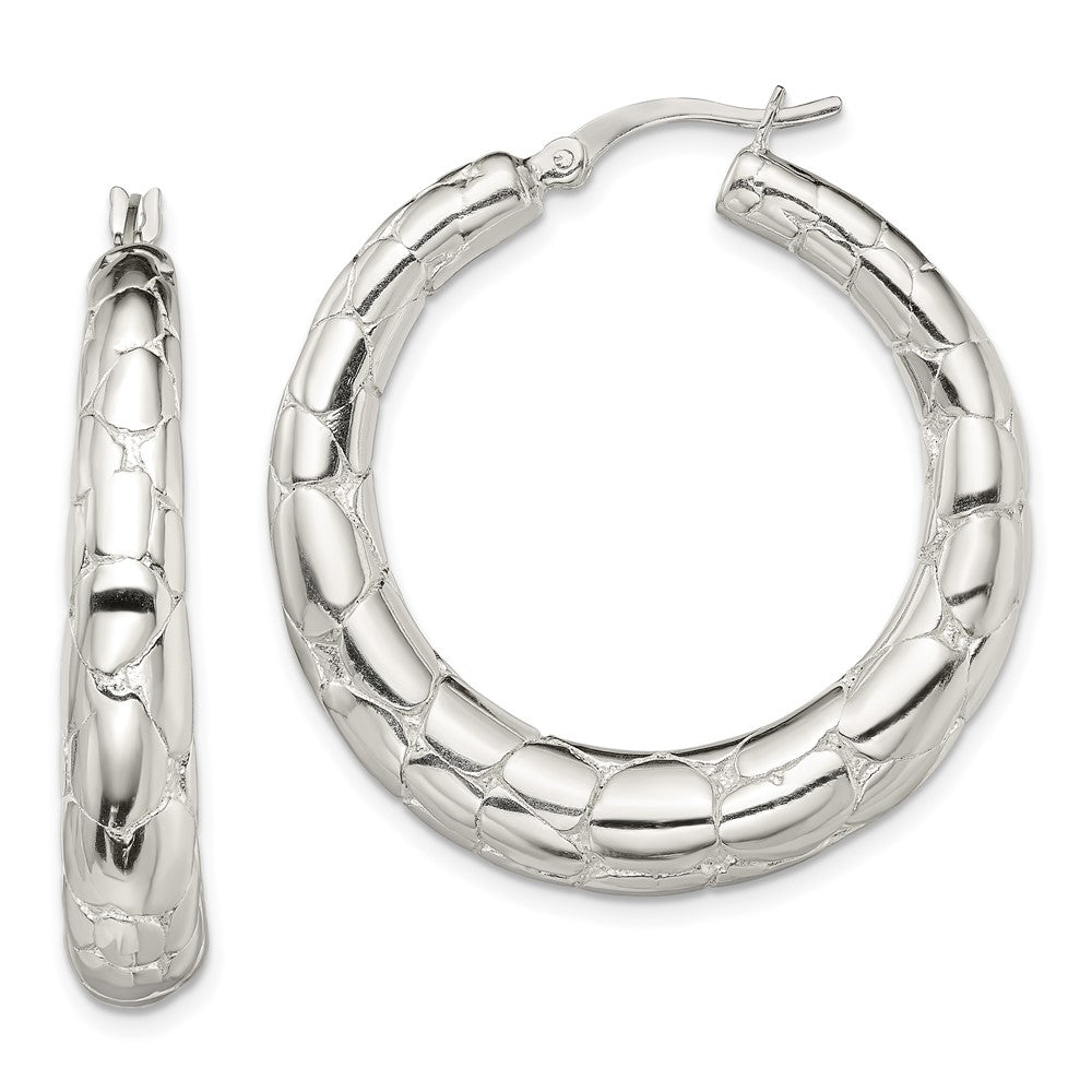 Sterling Silver Polished & Pebbled Round Hoop Earrings