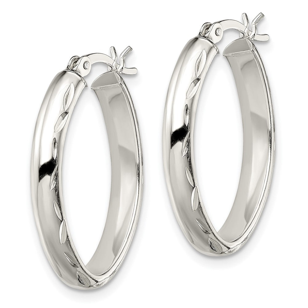Sterling Silver Polished Diamond-Cut Edge 4.25mm Oval Hoop Earrings