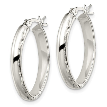 Sterling Silver Polished Diamond-Cut Edge 4.25mm Oval Hoop Earrings