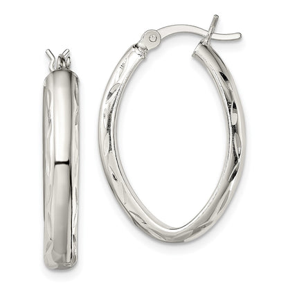 Sterling Silver Polished Diamond-Cut Edge 4.25mm Oval Hoop Earrings