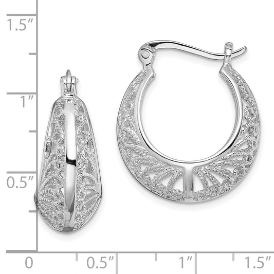 Sterling Silver Rhod-Plated Polished & Filigree Round Hoop Earrings