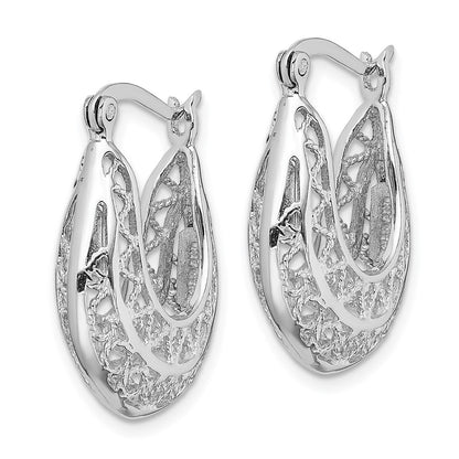 Sterling Silver Rhodium-Plated Polished & Filigree Hoop Earrings