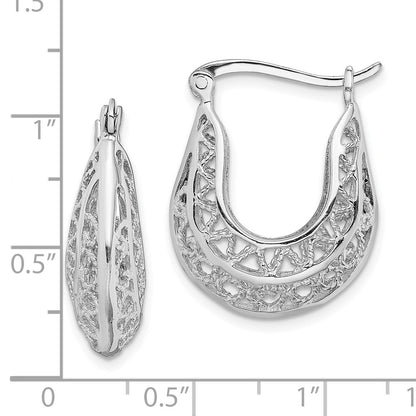 Sterling Silver Rhodium-Plated Polished & Filigree Hoop Earrings