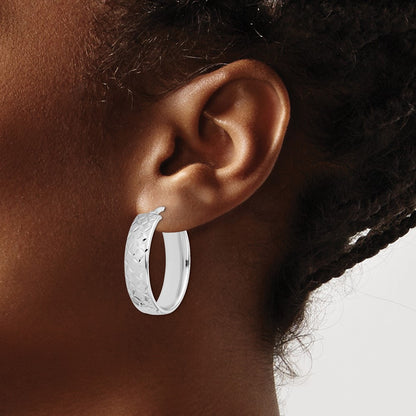 Sterling Silver Rhod-Plated Polished & D/C 7.5mm Oval Hoop Earrings